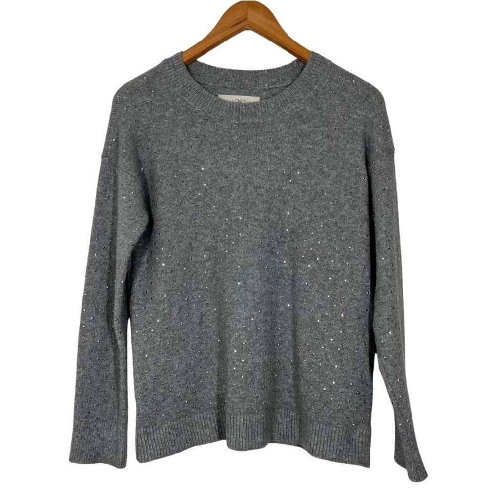 Loft Gray Rhinestone Embellished Crew Neck Sweater Size XS NWT